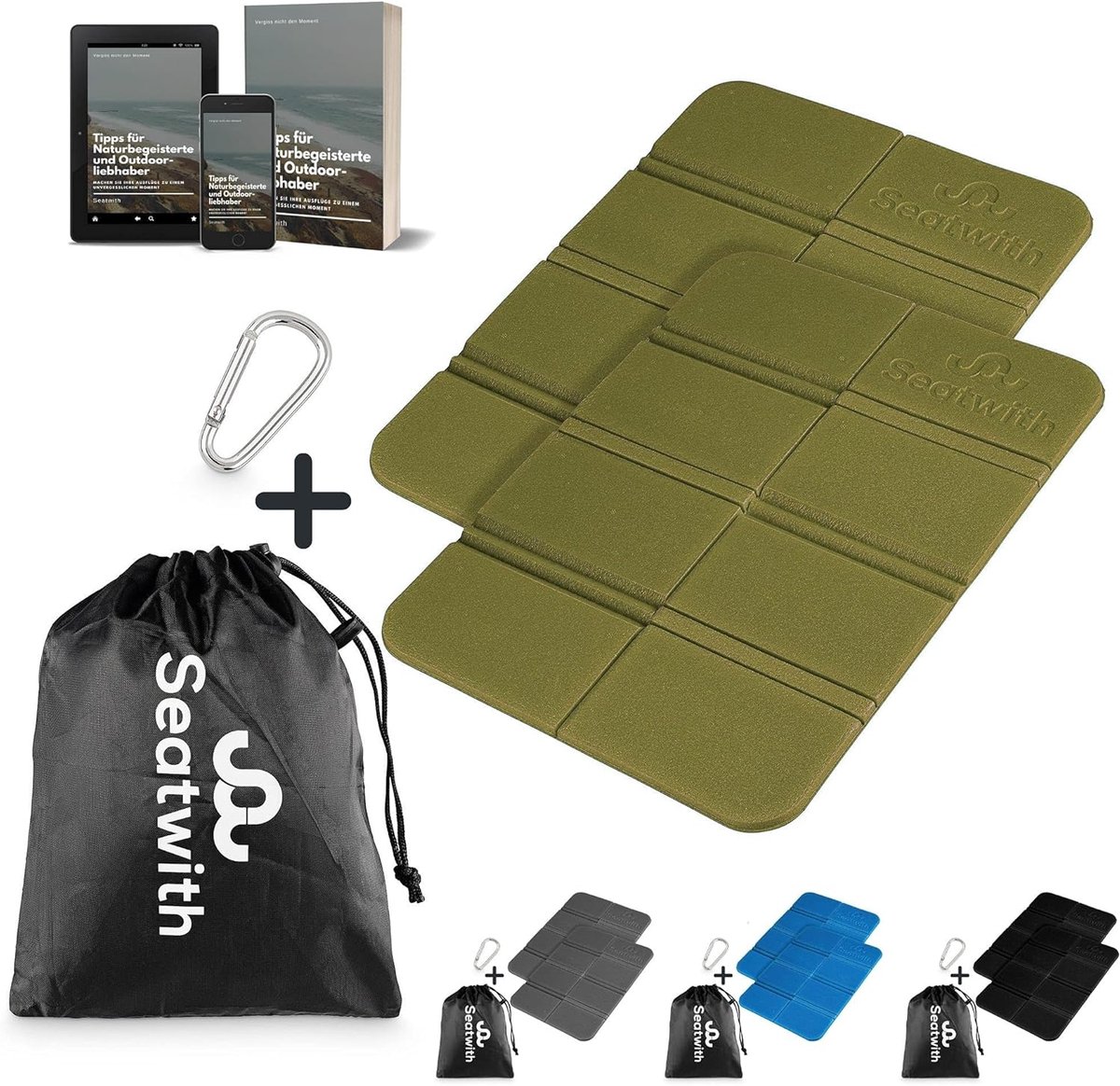 Thijox - Set van 2 outdoor zitmat/opvouwbare iso-Thermo-zitkussens met draagtas en karabijnhaak, maximale bescherming tegen kou, vocht en vuil, inclus