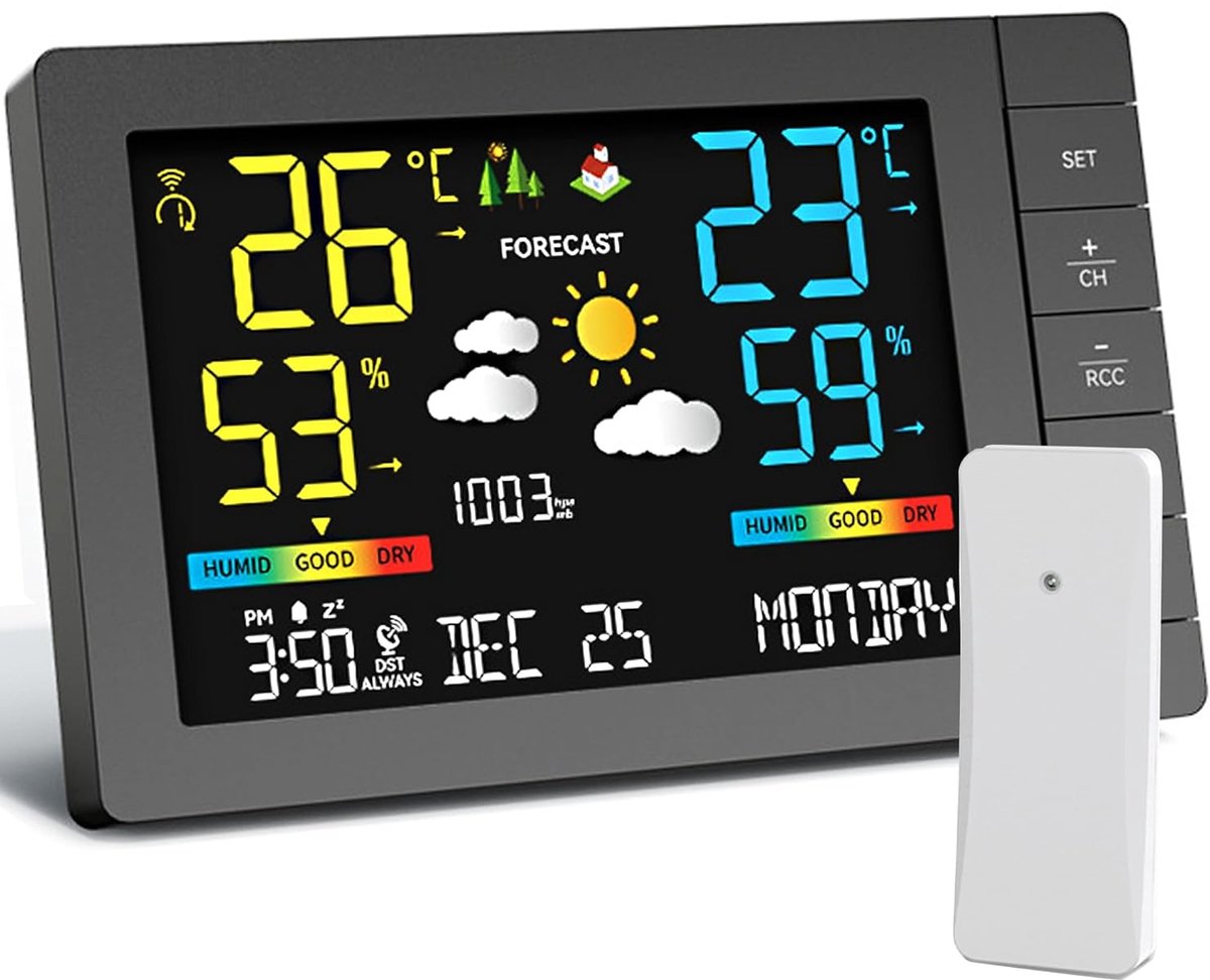 SnelShoppen - Weerstation voor Binnen en Buiten, Digitale Weerweergave met Temperatuur, Luchtvochtigheid, Barometer en Windmeter, Ideaal voor Tuin en