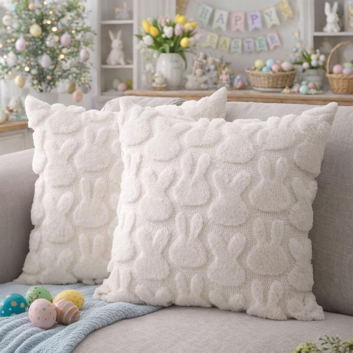SnelShoppen - Set van 2 Paas Kussenhoezen, Decoratie, Konijn Design, Zachte Pluche Faux Fur Jacquard Kussenslopen voor Slaapkamer, Bank, Feestdagen, T
