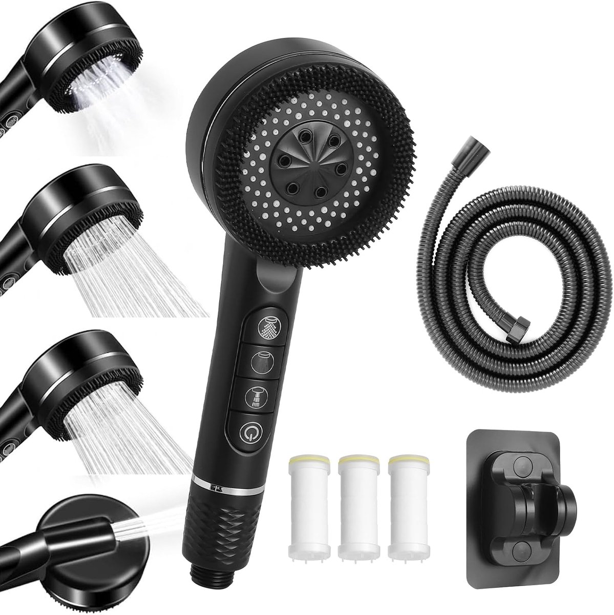 SnelShoppen - Douchekop met 8-lagen Filter, Hogedruk Handdouche met 2m Slang, 4 Straalsoorten, Spaardouchekop met Stopfunctie, Voor Hard Water en Rest