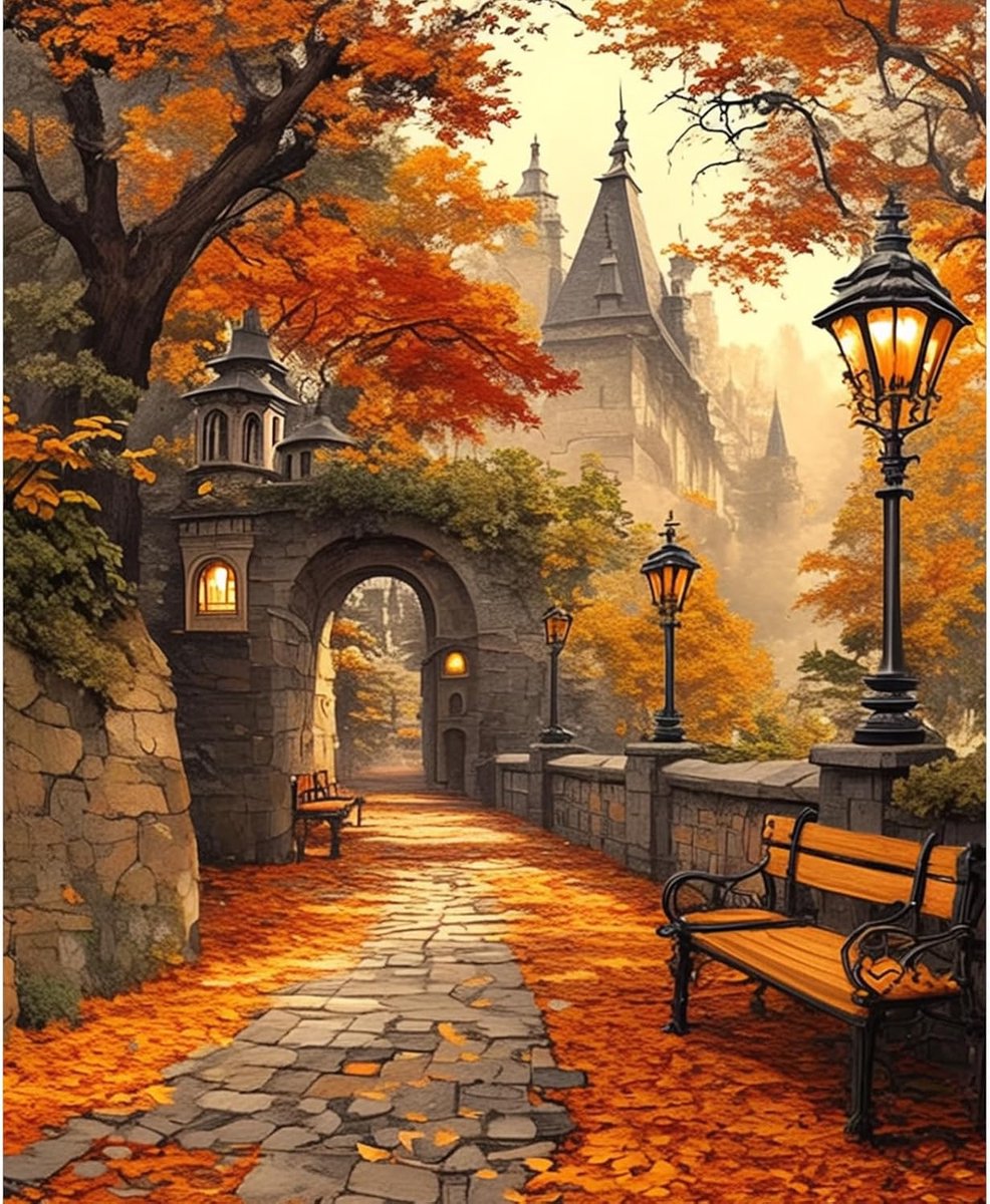 SnelShoppen - Schilderen op Nummer voor Volwassenen - Herfstbladeren Landschap DIY Acryl Verf Kit 40x50cm - Oude Kasteel Huisdecoratie