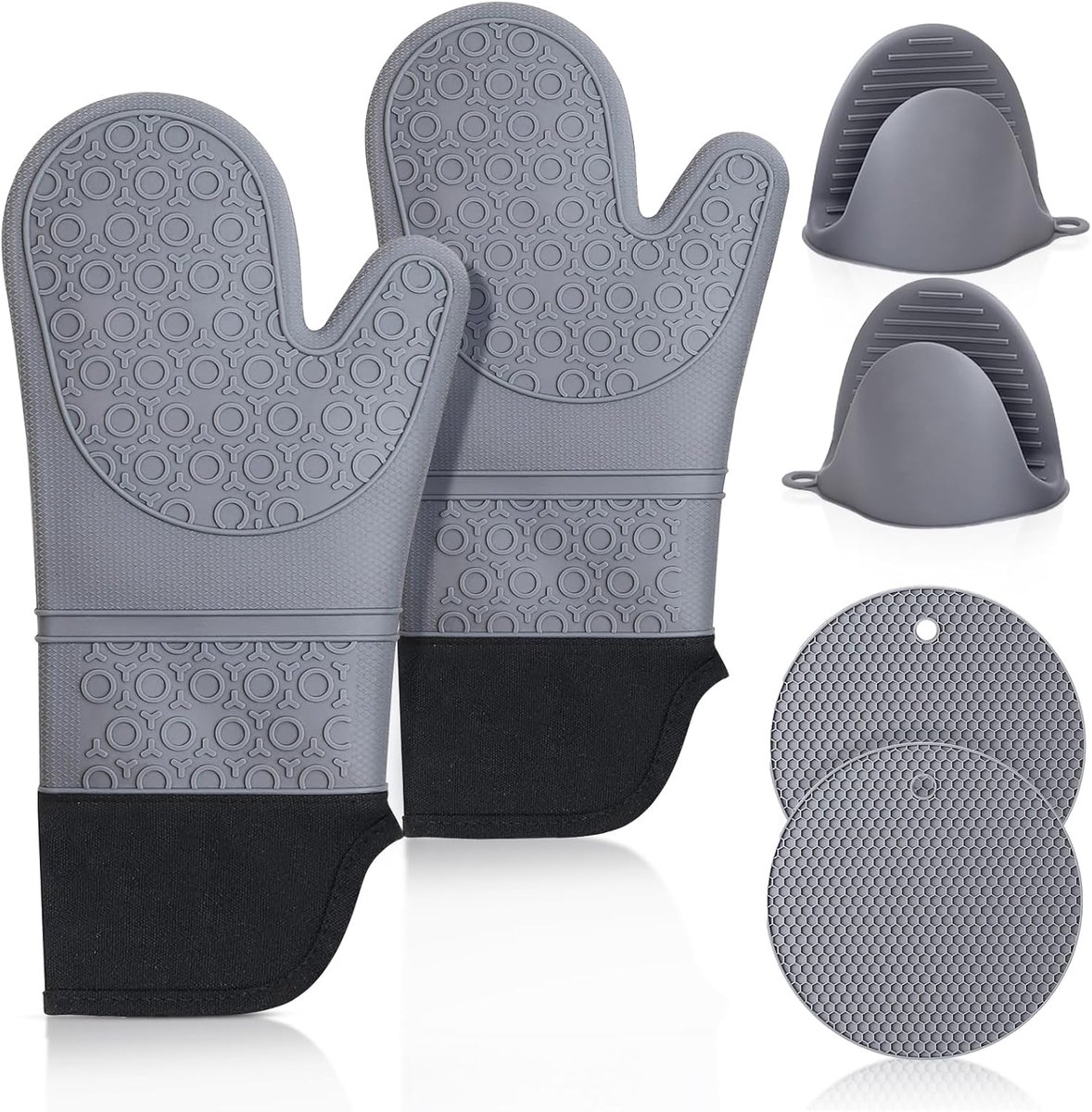 SnelShoppen - Ovenwanten en Pannenlappen Siliconen Set - Hittebestendig, Extra Lang, Antislip Keukenhandschoenen voor Koken, Bakken, Grillen - 6 Delig