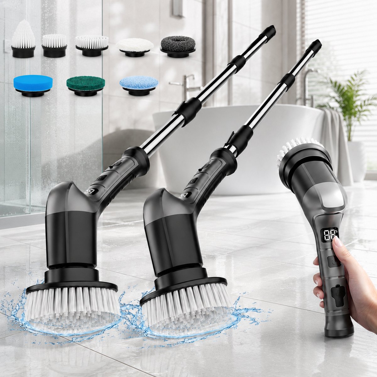 Rosnek 2 Stuks Elektrische Schoonmaakborstel - Schrobborstel met Steel - Draadloze Schrobber voor Badkamer - 3 Snelheden - 8 Opzetborstels - Uitschuifbare Steel 28-119 cm - Voor Tegels, Douche & Keuken