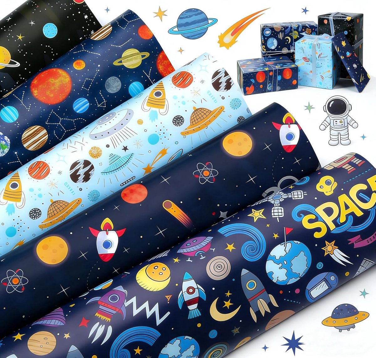 SnelShoppen - Cadeaupapier 5 Vellen Ruimte Thema 70 x 50 cm, Luxe Zwaar Kwaliteit, Perfect voor Verjaardag, Schoolbegin en Feestjes