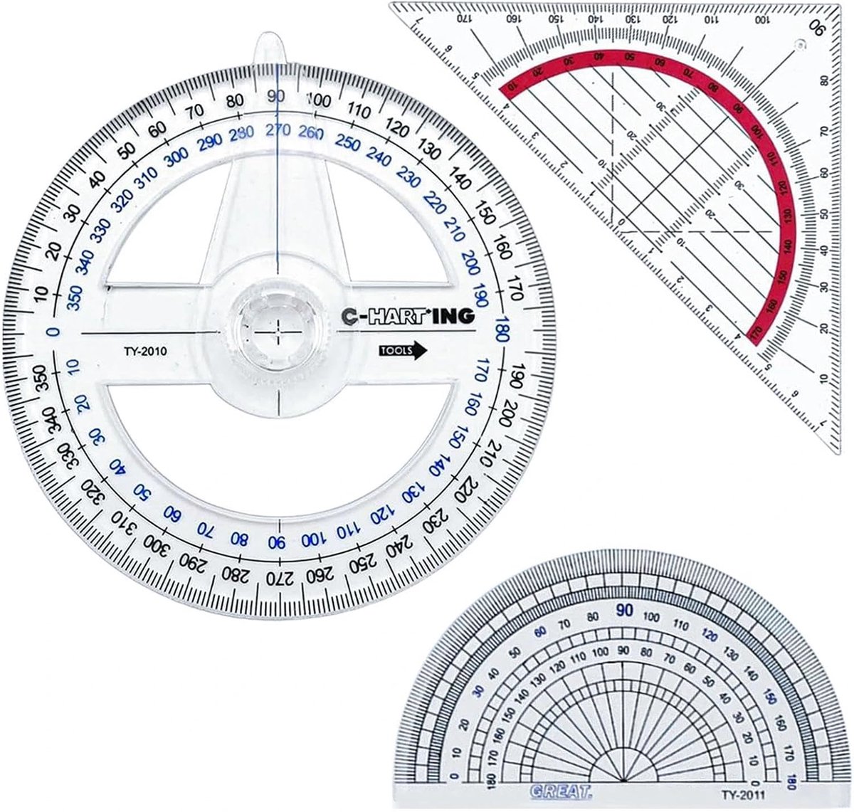 SnelShoppen - Cirkel Gradenboog Set van 3 - Transparante 180 en 360 Graden Gradenbogen - Geometrische Hoekmeting voor School en Bureaus - Duurzaam Kun