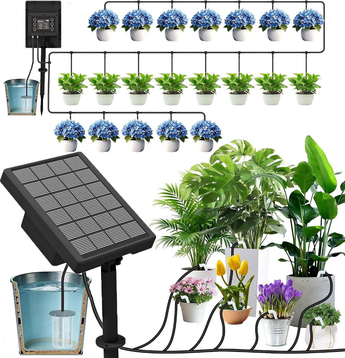 SnelShoppen - Bewateringssysteem op zonne-energie voor 20 potplanten, automatische druppelirrigatie met 15 m slang, LCD-display, 3 W zonnepaneel, IP65