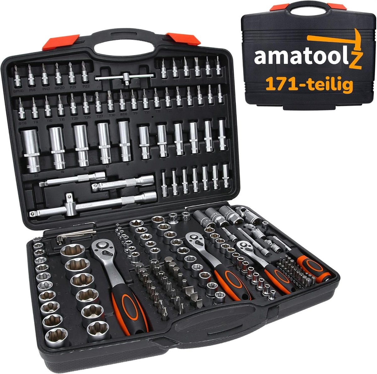 SnelShoppen - 171-delige Ratelkoffer - Ratelset met Chroom, 1/2, 1/4 en 3/8 inch Ratels, Steekdoppen 4-32 mm, 55 Bits en Cardangewricht-adapters in St