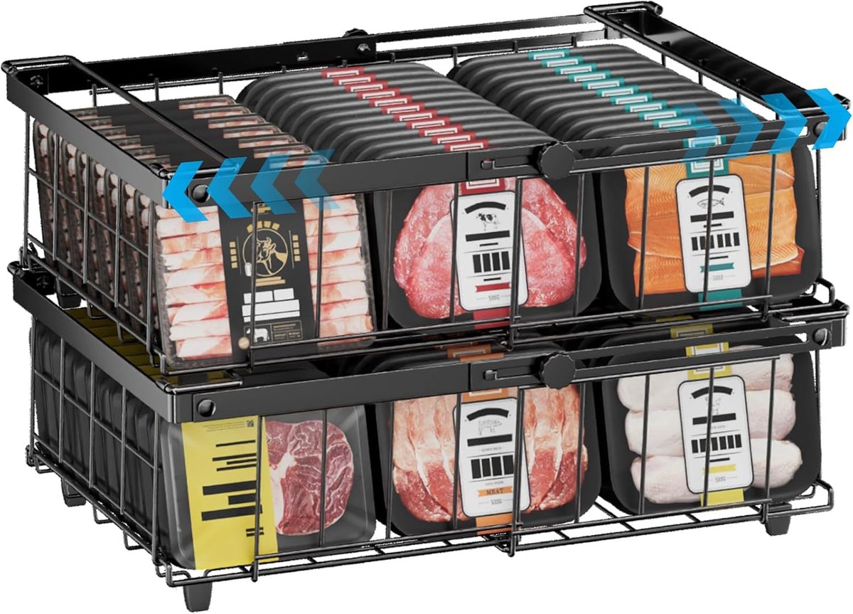 SnelShoppen - 2 Stuks Vriesmanden, Stapelbare Organizers voor Vriezer, Uittrekbaar, Opvouwbare Manden met Handgrepen, 46x31x15 cm, Zwart, Perfect voor