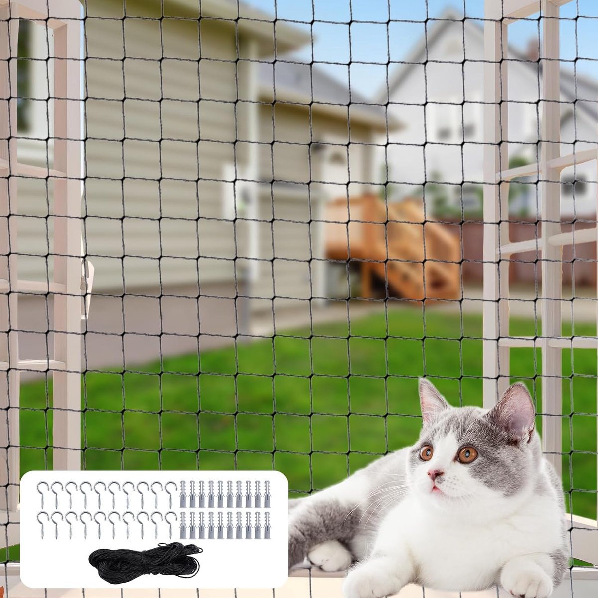 SnelShoppen - Nylon Kat Beschermnet 3x4m Zwart | Kattennet voor Balkon, Tear-resistant, Knipbaar, Geen Boren, Inclusief Haakjes