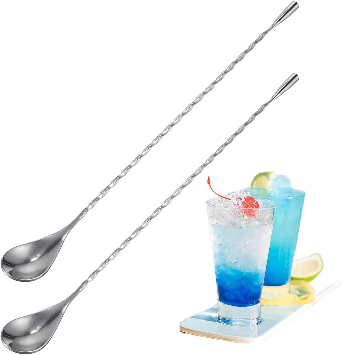 SnelShoppen - 2 Stuks Twisted Bar Lepels 30cm - RVS Cocktail Lepels voor Perfect Roeren in Lange Glazen - Bar Accessoires voor Feest en Thuisgebruik