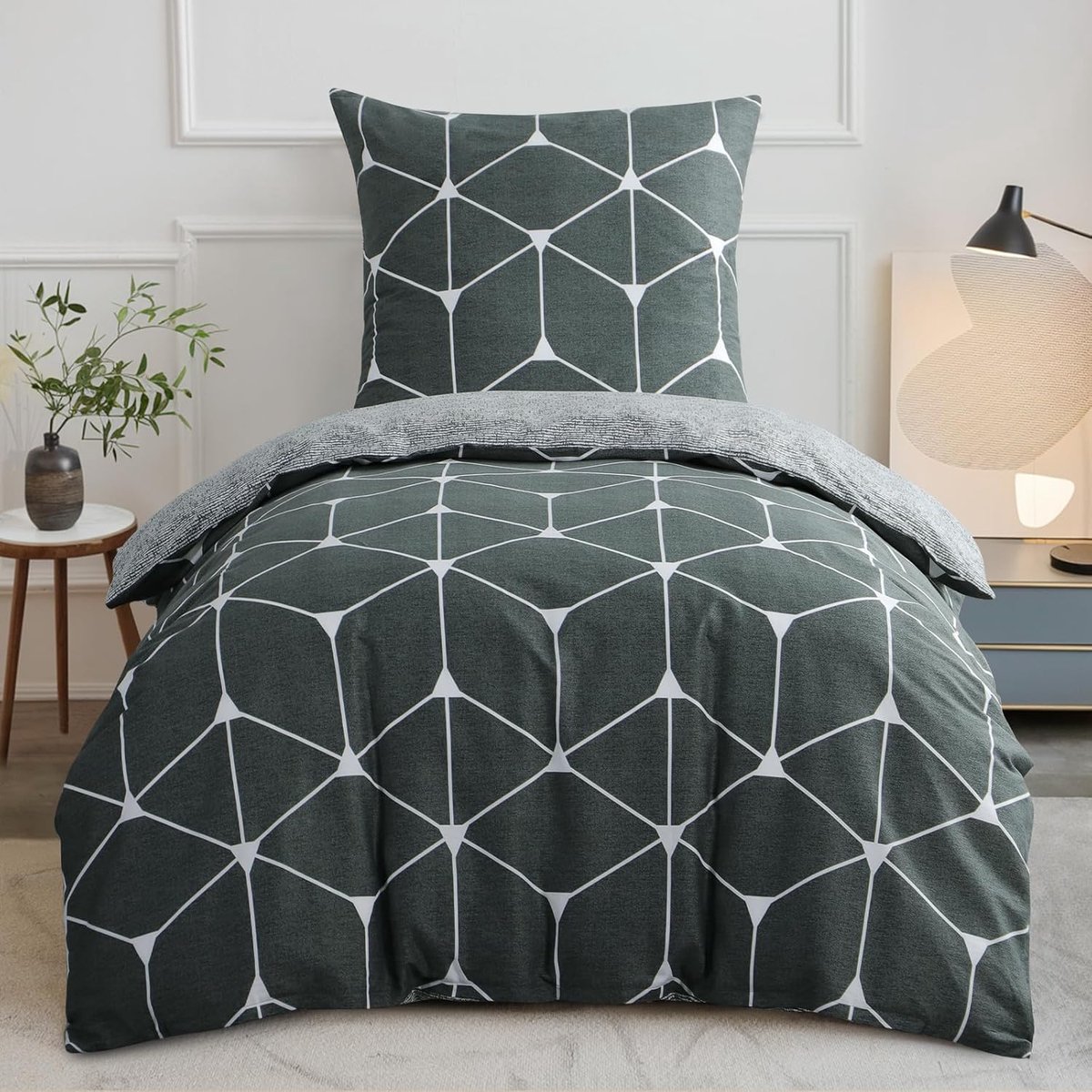 SnelShoppen - Bedlinnen Set 155 x 220 cm Geometrisch Patroon - Katoenen Dekbedovertrek en Kussensloop - Antraciet, Ademend en Gezond Slapen