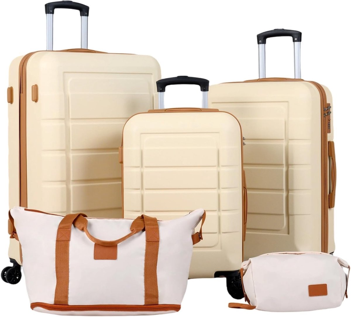 SnelShoppen - FANTASK 5-delige kofferset harde schaal met reistas, toilettas, trolleys, cijferslot, telescopische handgreep, beige, handbagage voor va
