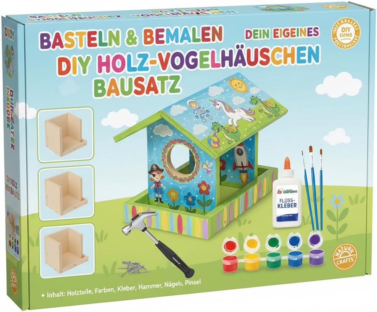 SnelShoppen - DIY Vogelhuisje Kit voor Kinderen en Volwassenen - Complete Set met Hamer, Spijkers, Kleuren - Hout, Creatief Knutselen voor Tuin en Bui