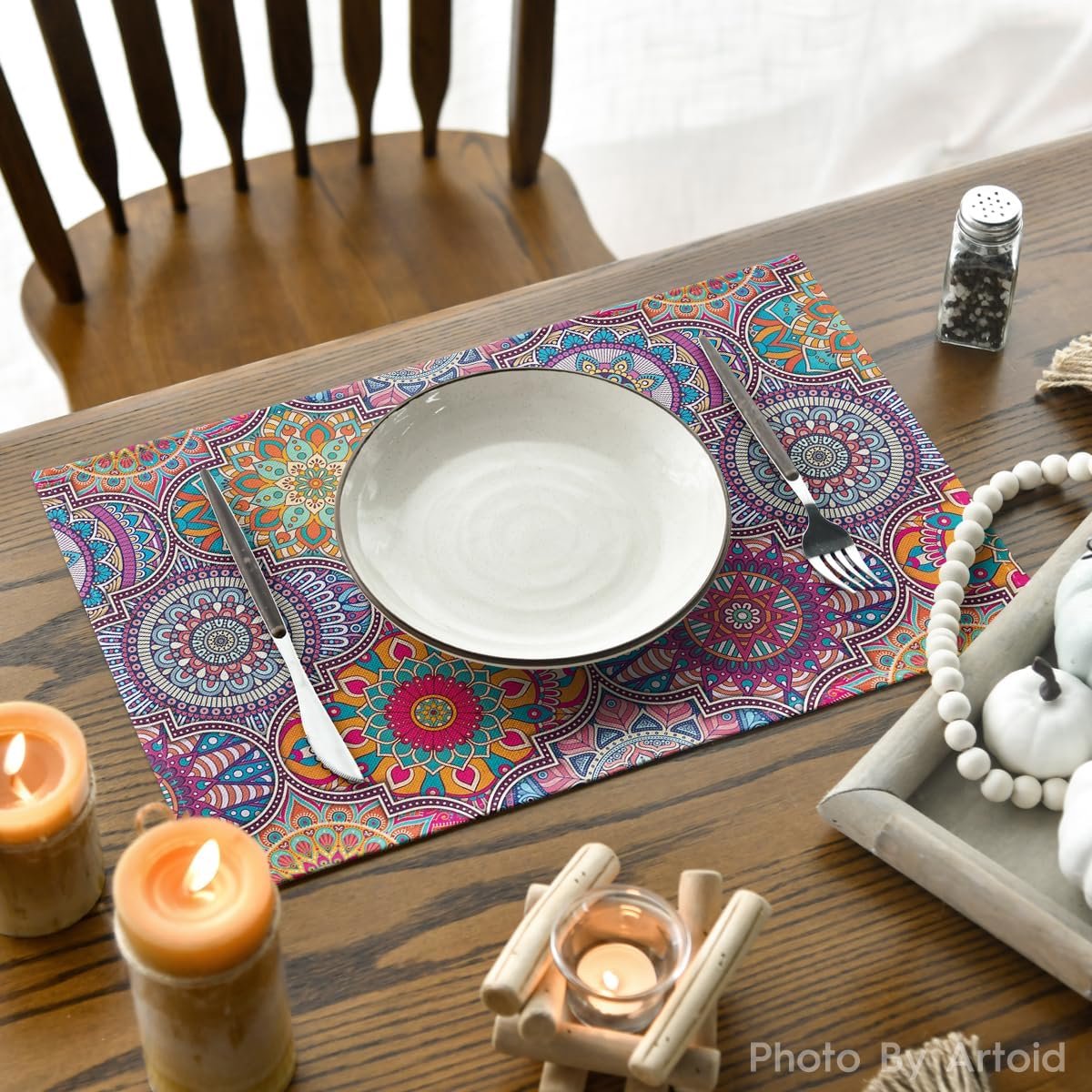SnelShoppen - Geometrische Marokkaanse Mandala Placemat Set van 6, Boho Vintage, Wasbaar, 30x45 cm, Keuken, Feest, Eettafel Decoratie