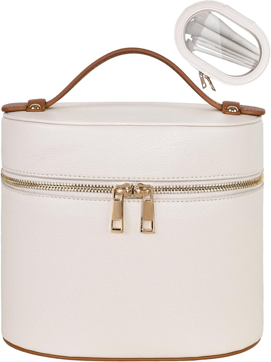 SnelShoppen - Make-up Tas Set 2 Stuks Vrouwen, Reizen, Draagbaar Hard Leer, Met Verdelers en Afneembare Borstel Tas, Beige-Bruin, Klassiek Elegant, To