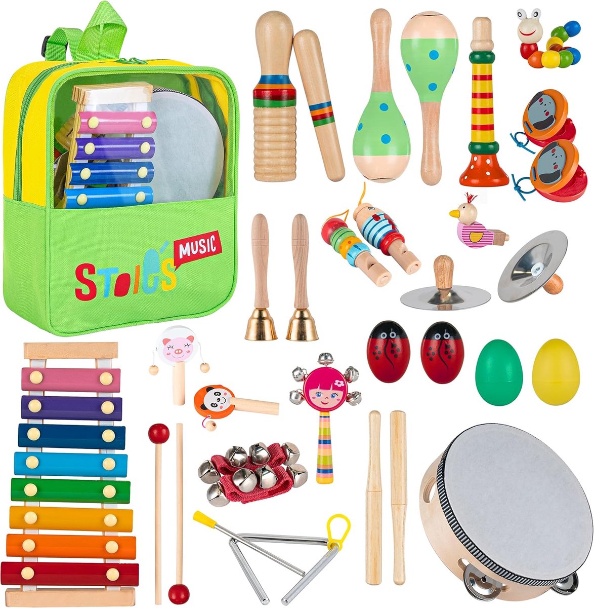 SnelShoppen - Complete Muziek Speelgoed Set voor Peuters 3 jaar, 34-delige Houten Perkussie Instrumenten Set met Xylofoon, Maracas, Drums, en Cymbalen