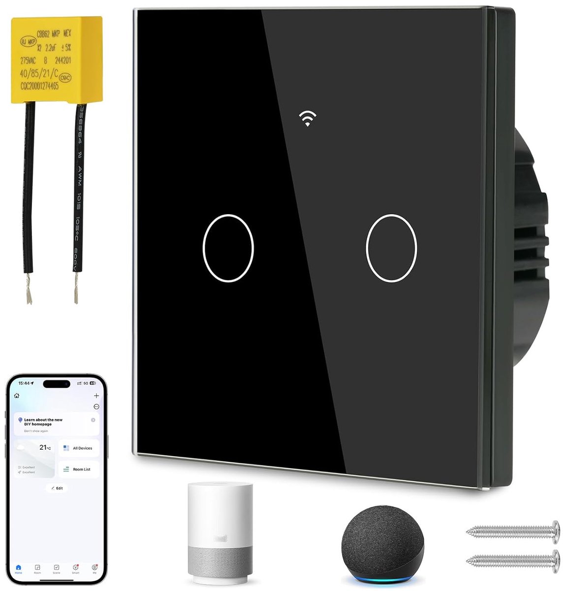 SnelShoppen - Smart WiFi Lichtschakelaar 2 Gang met Touchfunctie, Tempered Glass, Voice Control, 2.4 GHz, Compatibel met Alexa en Google Home, Flush-m
