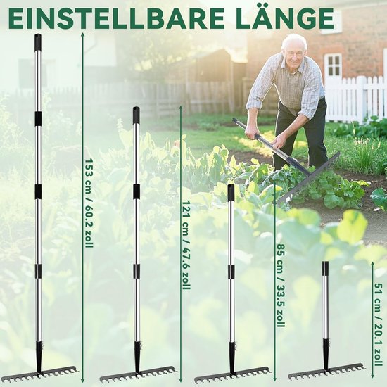 Tuinhark met 14 tanden, bladbrekers met roestvrijstalen steel voor het losmaken van de grond en het nivelleren van gazon, tuinaccessoires, gazonhark, robuust — afbeelding 5