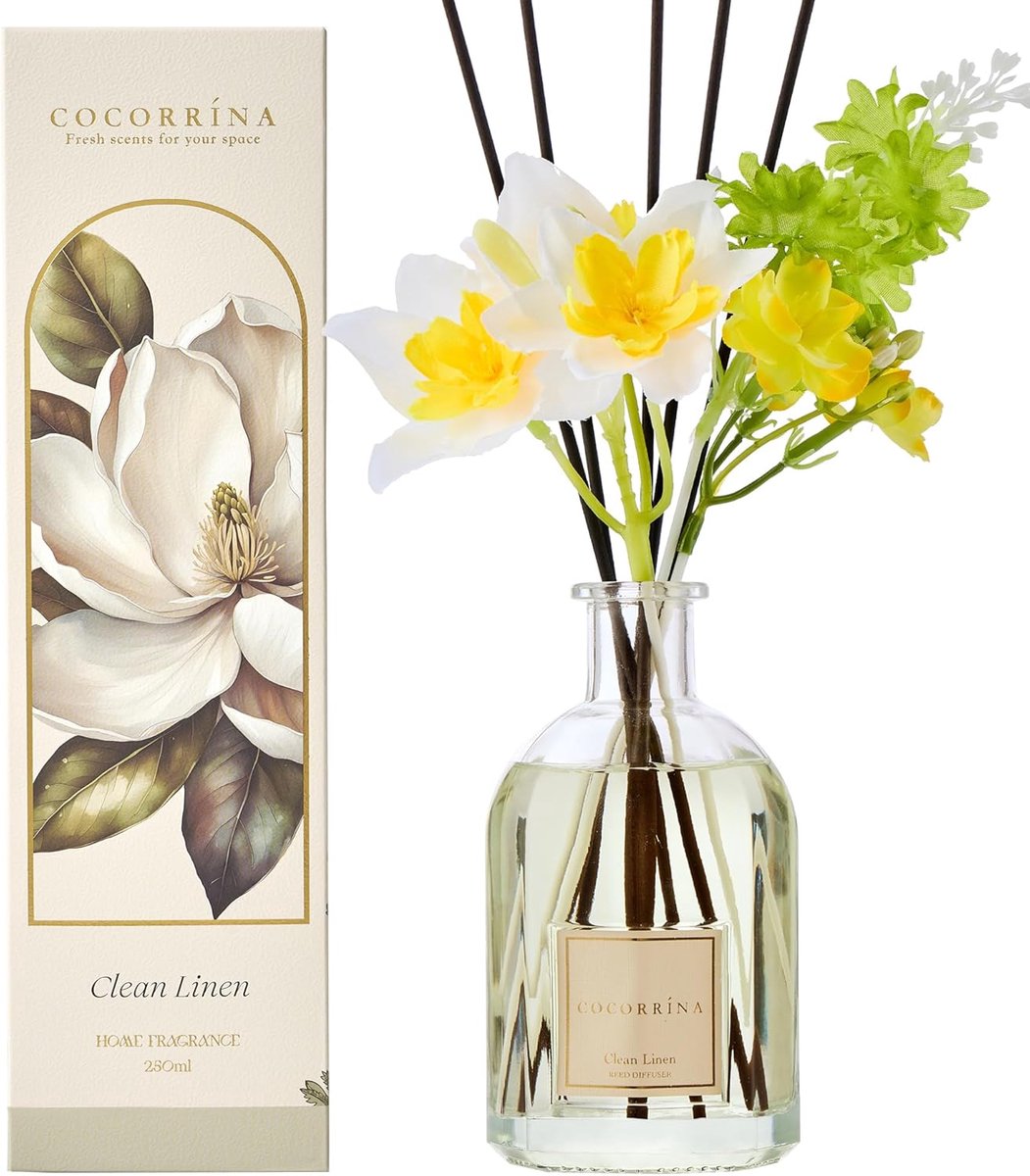 SnelShoppen - Clean Linen Geur Verspreider met 8 Geurstokjes 250 ml - Natuurlijke Duurzame Kamergeur voor Woonkamer, Slaapkamer, Badkamer - Elegante B