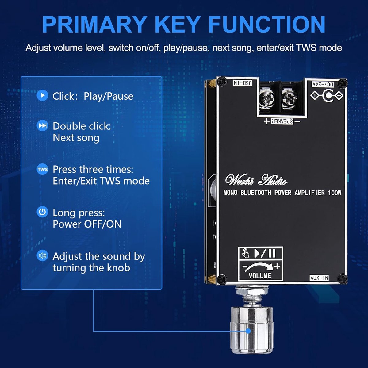SnelShoppen - HiFi Mono Bluetooth Versterker 100W met AUX/USB, Mini TWS Audio Amplifier Module voor DIY Speakers, DC 7-24V, Perfect voor Feest en Camp thumbnail 2