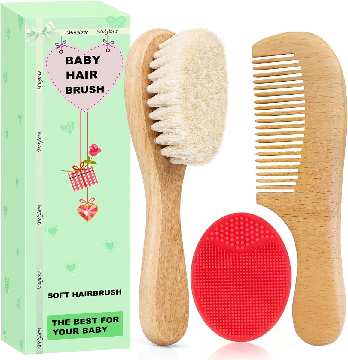 SnelShoppen - Set van 3 Baby Haarborstels en Kam voor Pasgeborenen en Peuters, Houten Babyborstelset met Zachte Geitenhaarborstels, Houten Kam, Rood,