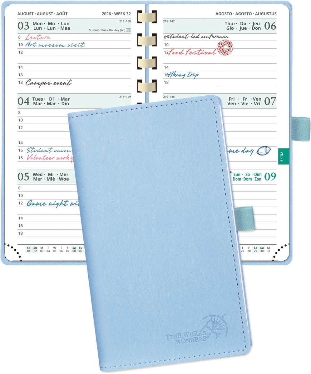SnelShoppen - Pocket Agenda 2026-2027 - 17 Maanden Weekly Planner 16.5 x 9 cm - Spiraalbinding - Blauw - Schoolrooster - 80 g/m² Papier