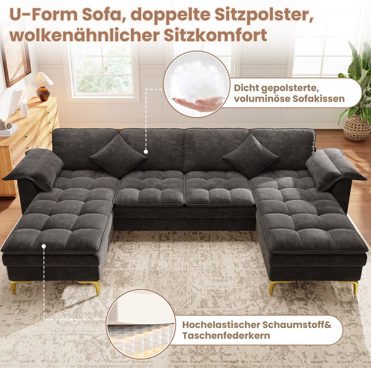 HAUSS SPOLE U-bank - Modulaire Hoekbank Met 2 Chaise Longues - Wolkzacht Zitcomfort Met 2 Kussens - Voor Woonkamer En Slaapkamer - Chenille Grijs