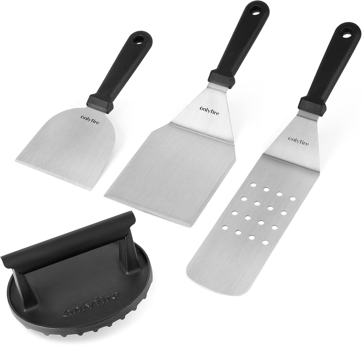 SnelShoppen - Grill Spatel Set met Gietijzeren Hamburgerpers, Lange Perforeerde Spatel en 2 Grill Spatels, RVS Barbecue Spatel Set voor Griddle, Teppa