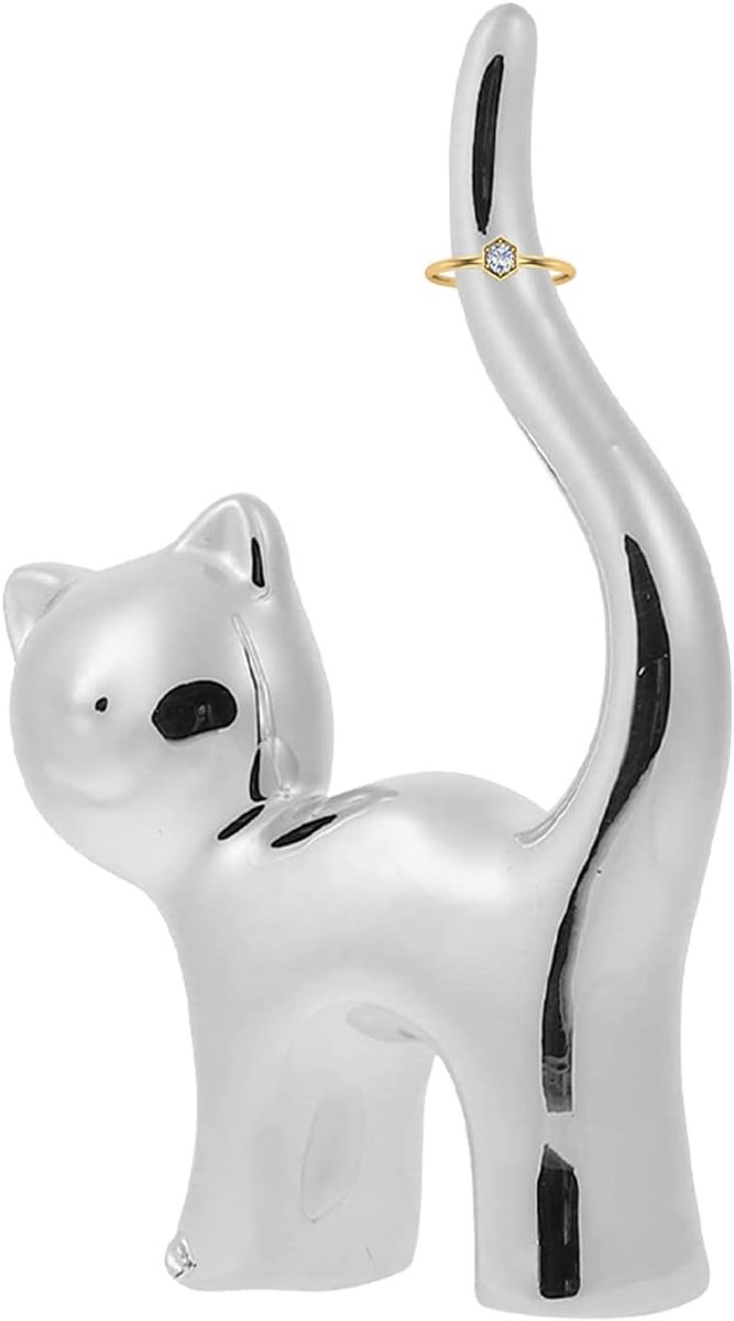 SnelShoppen - Cat Ring Holder - Keramische Ringhouder - Sieraden Organizer - Desk Decoratie - Creatief Cadeau voor Kattenliefhebbers - Zilver