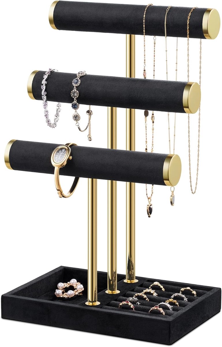 SnelShoppen - 3 Laags Sieraden Organizer - Zwart Sieradenstandaard voor Armbanden, Verwijderbare T-Vormige Sieradenhouder, Velvet Armband Houder, Sier