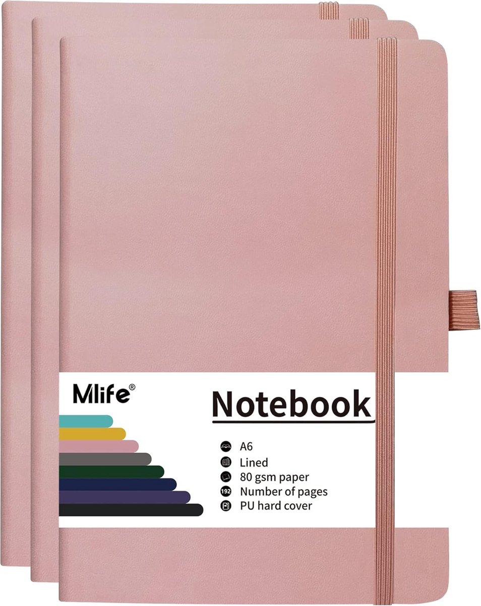 SnelShoppen - A6 Notitieboek Set van 3 - 192 Pagina's - Dikke 80g/sqm Inktbestendig Papier - PU Harde Kaft met Binnen Pocket - Elastische Sluiting, Pe