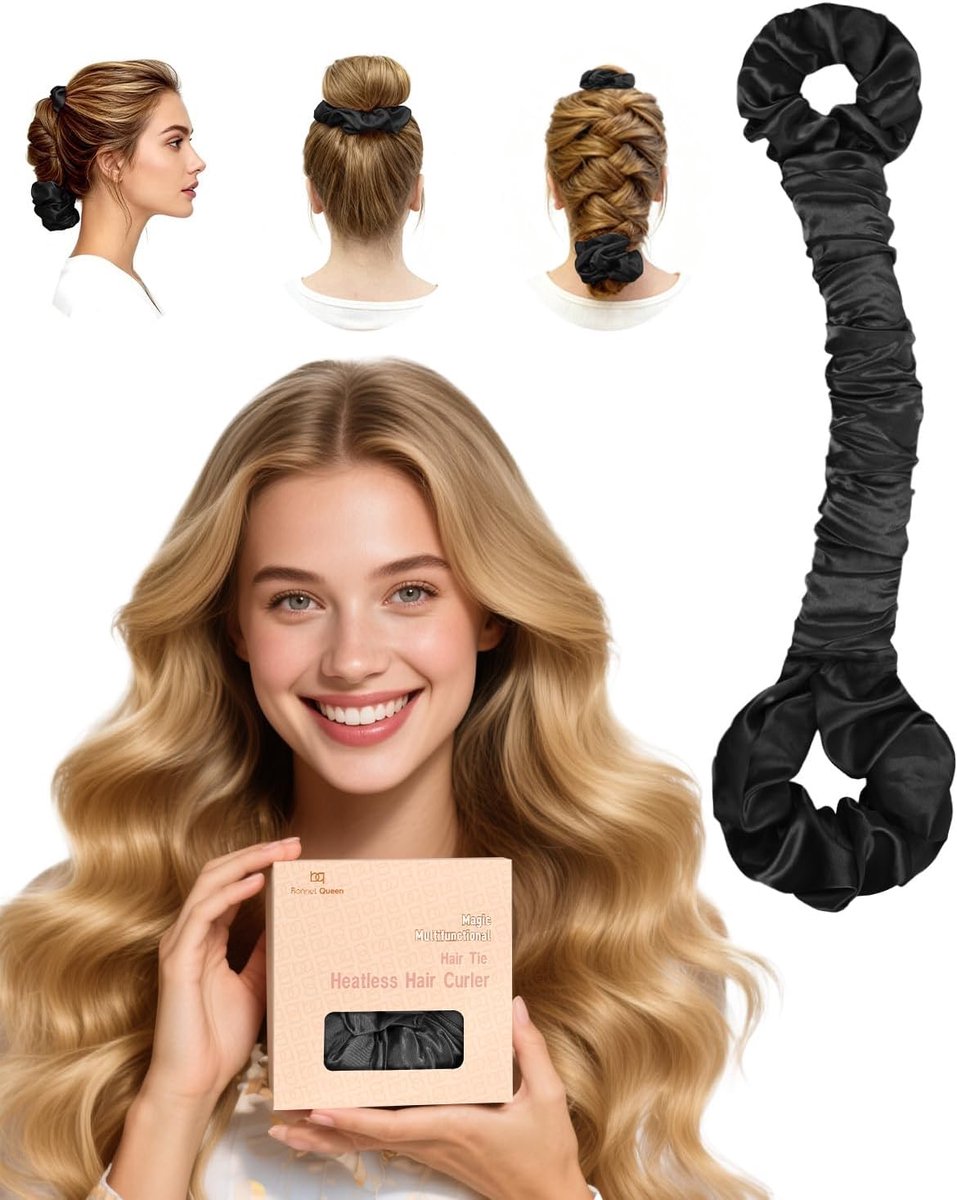SnelShoppen - Satin Heatless Curling Rod Headband Haar Kruller Set voor Gezonde Krullen 's Nachts, Zacht, Groot, Zwart, Geen Hitte, Perfect voor Feest