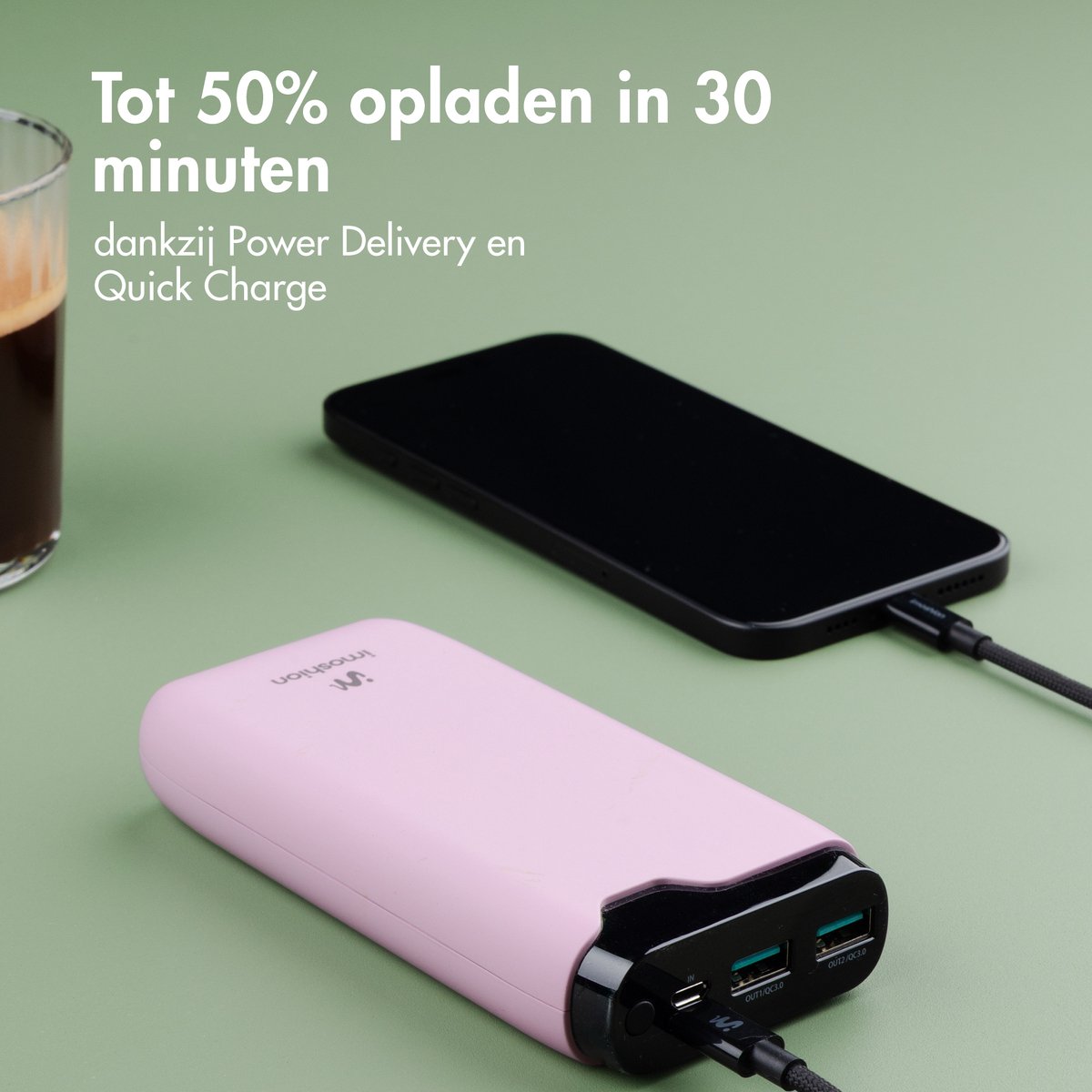 imoshion® Powerbank 20000 mAh - 22.5W Snellader - USB C / USB A - LED Display - Powerbanks - Universeel - Noodpakket - Roze — cadeau in Telefoon & Tablet - foto 4