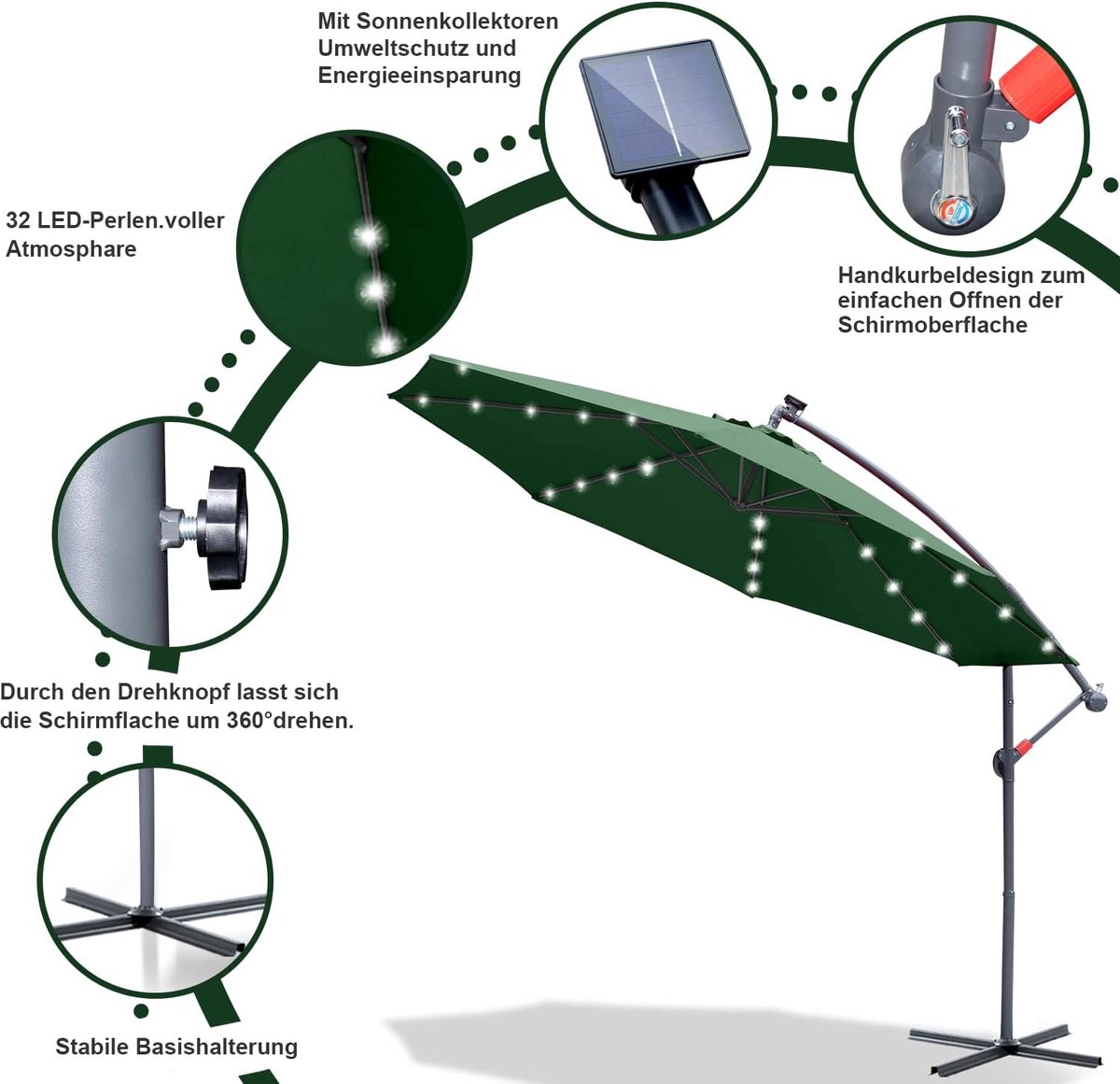 Zwevende parasol - Tuinparasol met led - Zonwering buiten - Zonne-energie verlichting - Diameter 350cm - Groen – foto 6