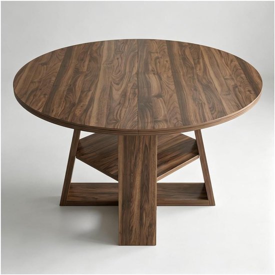 Ronde eettafel met walnoothouten afwerking en open opbergvak, van voren gefotografeerd.
