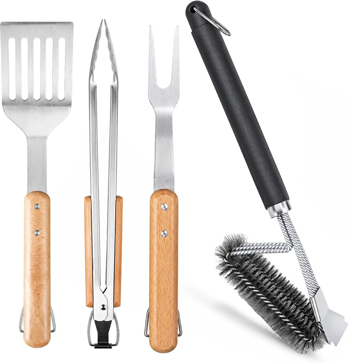 SnelShoppen - Barbecue-accessoires Set 4-delig Roestvrij Staal & Hout - Tang, Spatel, Vork, Borstel - Barbecue Gereedschap voor Tuin, Camping en Feest