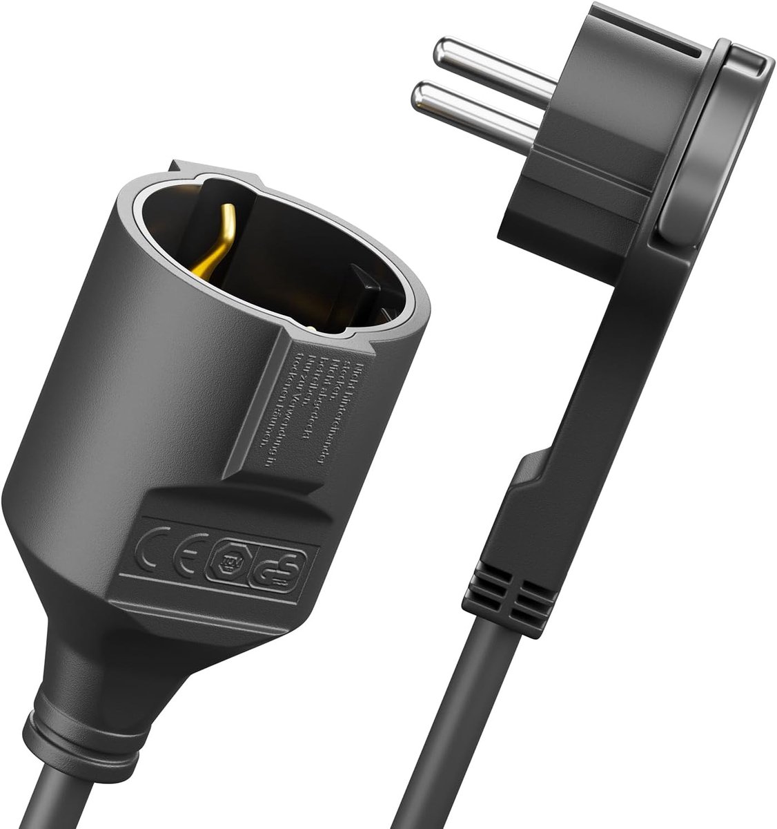 SnelShoppen - 2m Power Cable Extension Cord met Platte Stekker, 3680W, Veiligheid, Geschikt voor Huishoudens en Kantoor, Zwart