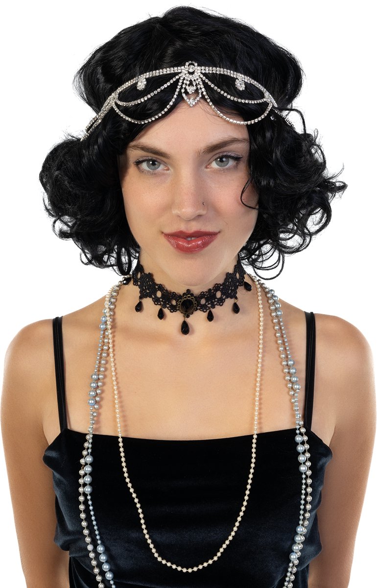 KIMU® Hoofdband Strass Zilver Smal - Roaring 20's Steentjes Kristal Haarband - Flapper Charleston Verkleedaccessoire Twenties Hoofd Band Festival