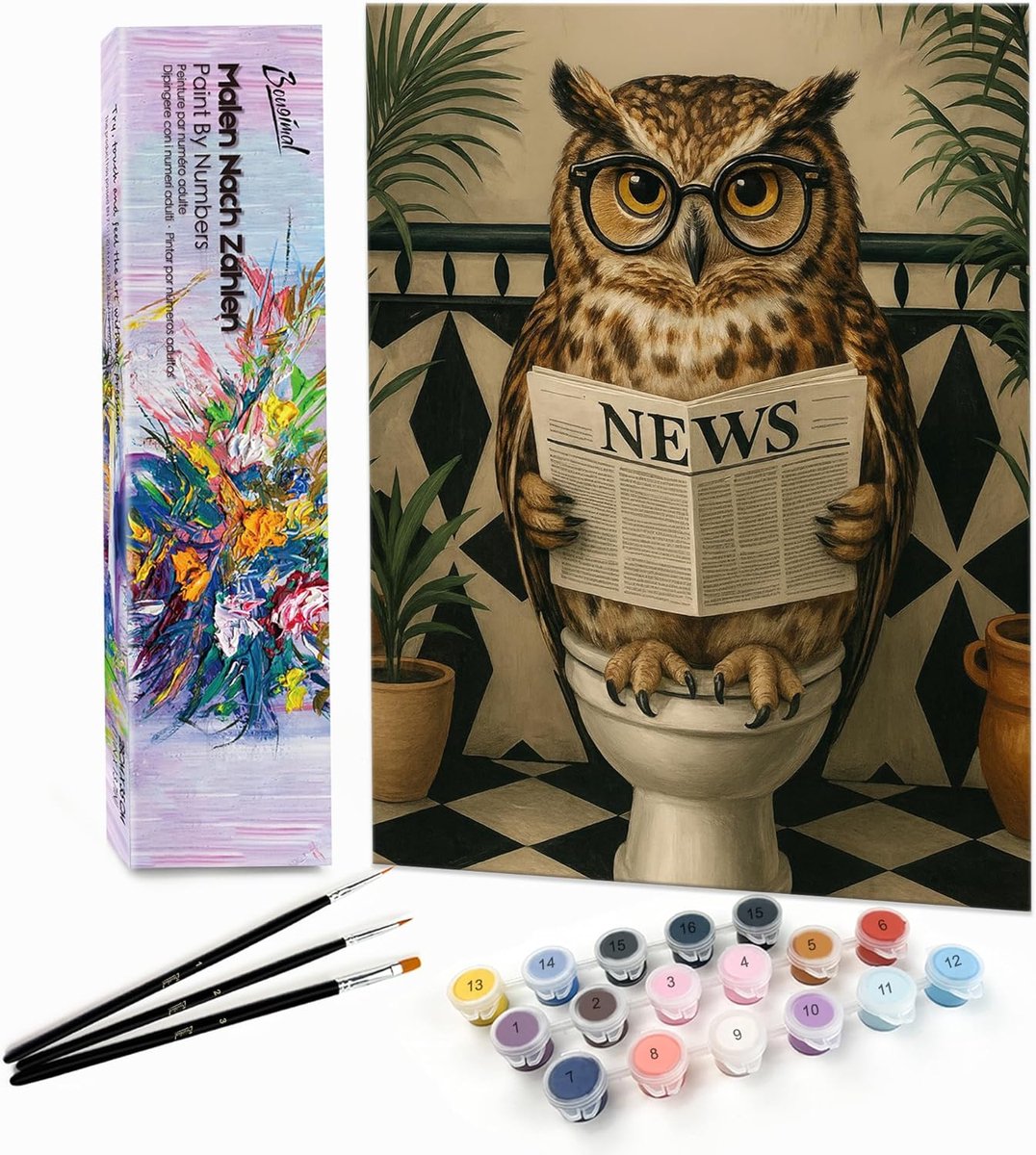 SnelShoppen - Schilderen op Nummer voor Volwassenen - Dieren - Uil Leest Krant - 28x35cm - Inclusief Acrylverf en Penselen - Creatieve Hobby