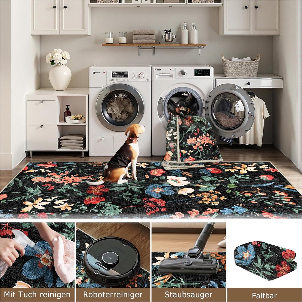 SnelShoppen - Floral Vloerkleed 60x240cm Zwart Loper Antislip Machinewasbaar Boho Bloemen Tapijt Keuken Slaapkamer Kantoor Soft Short Pile