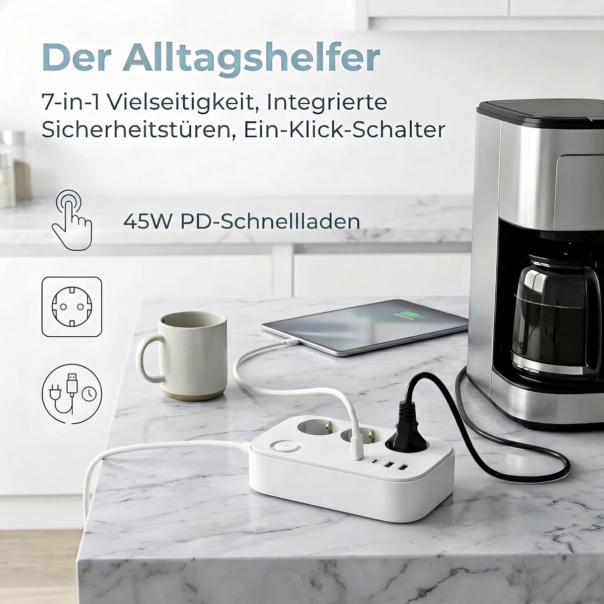 SnelShoppen - 3-voudige Stekkerdoos met USB-C 45W, Schakelaar, TÜV/GS-gecertificeerd, 1,5 m Kabel, Geaarde Stekkerdoos voor Kantoor en Huishouden, 16