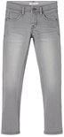 Grijze jeans met rechte pijpen, voor- en achterzakken, en een knoop- en ritssluiting.