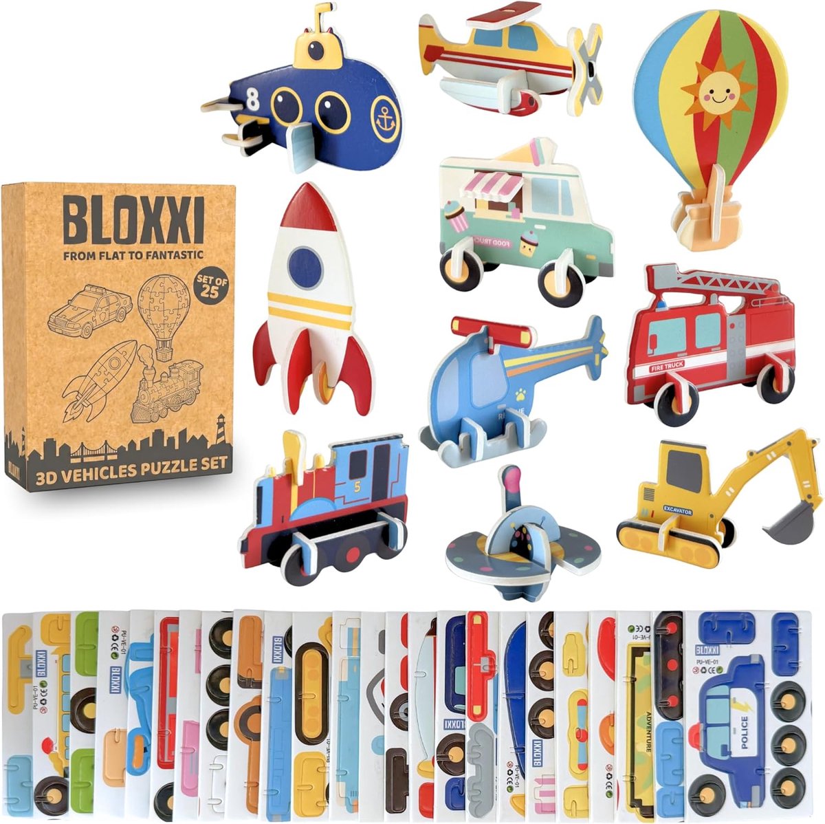 SnelShoppen - 3D Voertuigen Puzzels Set van 25 Stuks | Originele Cadeaus voor Kinderen | Feestjes, School, Piñata Vulling | Thema Vervoer