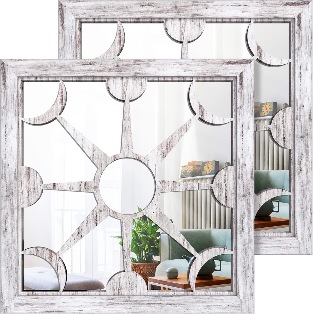 SnelShoppen - Square Mirror Wanddecoratie 2 Stuks - Bohemian Binnen/Buiten Wandspiegels 12x12 Inch - Shabby Whitewashed Houten Lijst voor Woonkamer, G