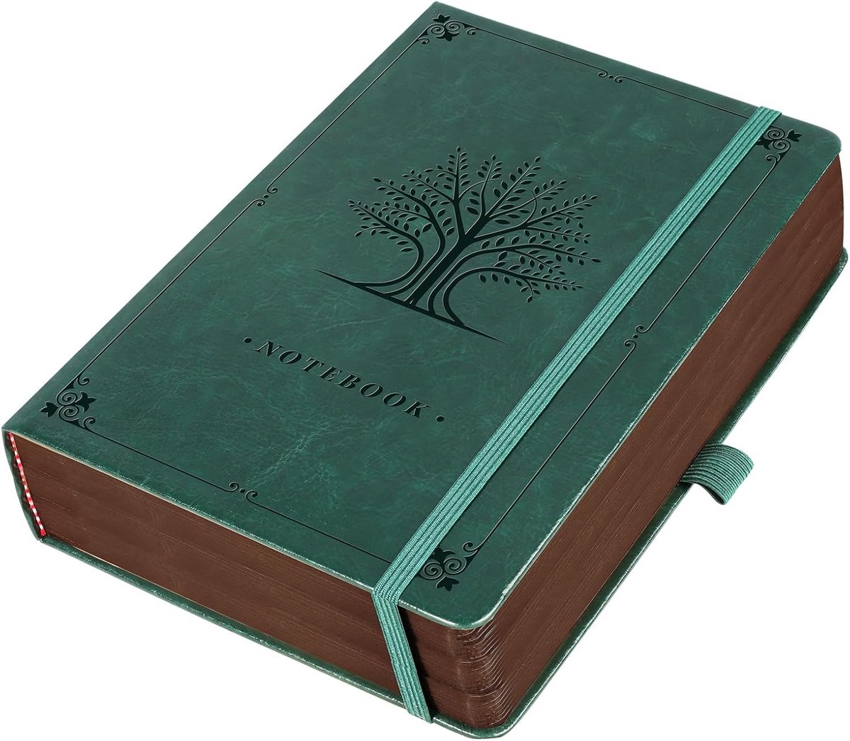 SnelShoppen - A5 Notitieboek Gelinieerd - Reisdagboek - Donkergroen - 320 Genummerde Pagina's - 100 g/m² Leer met Reliëfboom-Design - Perfect voor Sch