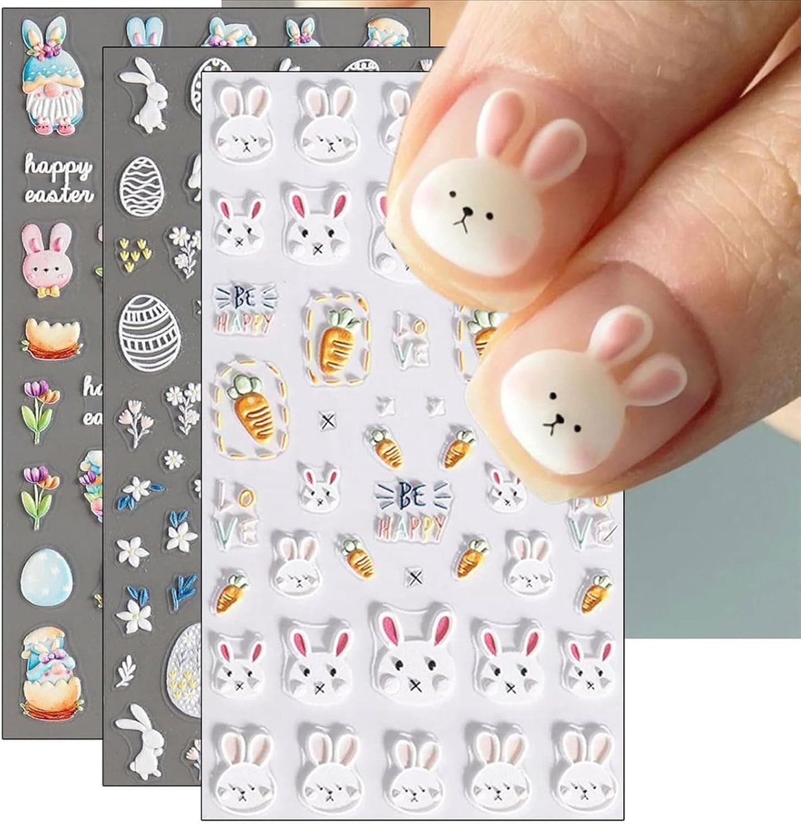 SnelShoppen - 3 Vellen Paaskleefstickers - Zelfklevende 5D Nagelstickers met Konijnen, Eieren, Bloemen en Wortels voor Lentemanicure en Feestelijke Na