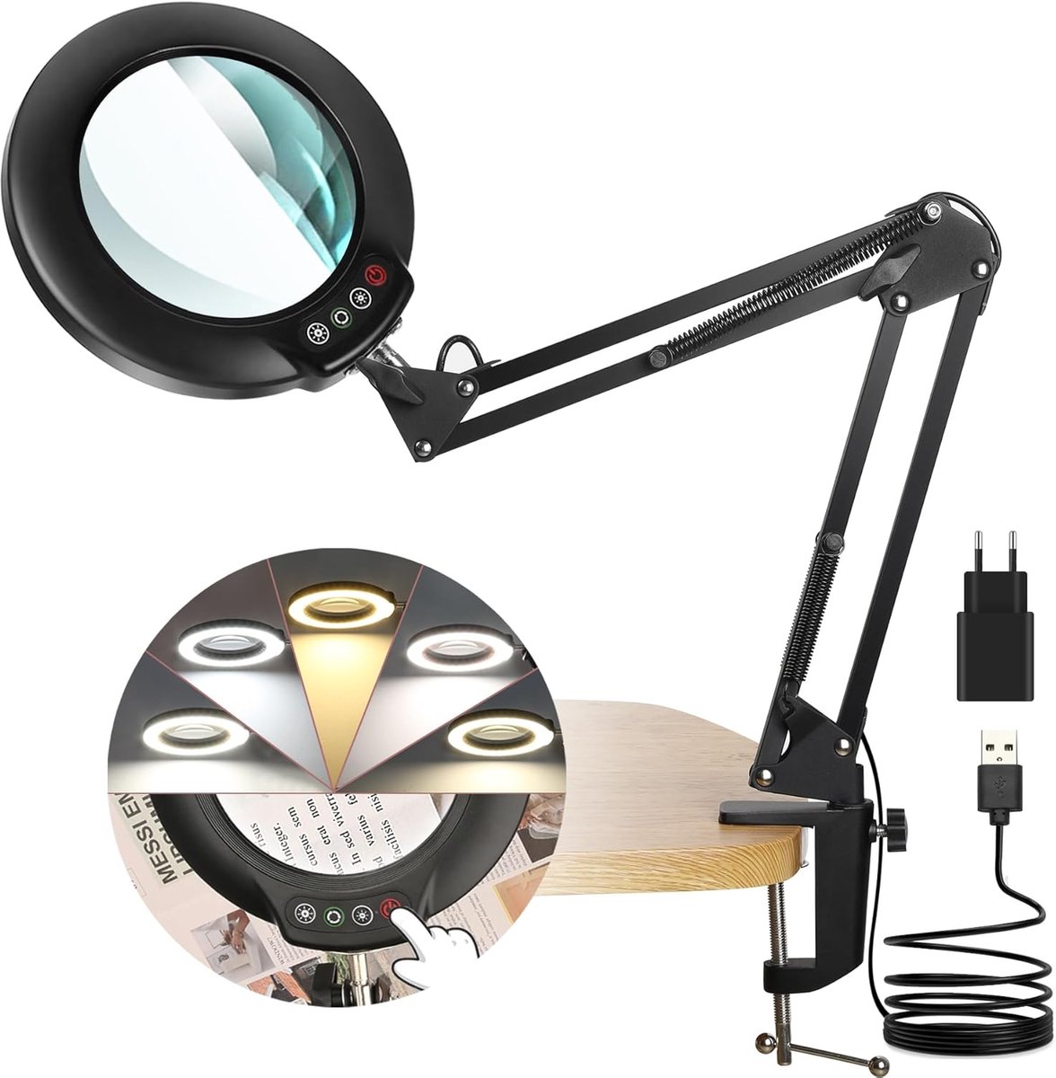 SnelShoppen - Veemagni Vergrootglas met Licht 12x, Traploos Dimbaar, 5 Kleurmodi, Verstelbare Zwenkarm, Handsfree Loeplamp voor Hobby en Handwerk