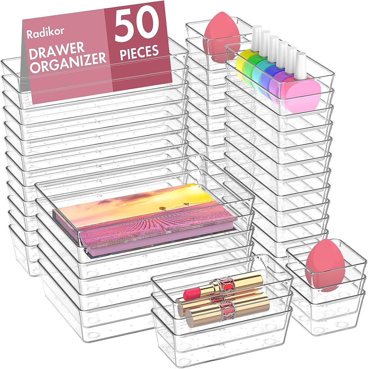 Thijox - 50 stuks Lade Organizer Set, Doorzichtige Make-up Organizer Trays, Kunststof Bureaulade Inserts, Acryl Opbergbakken voor Cosmetica, Kantoor,