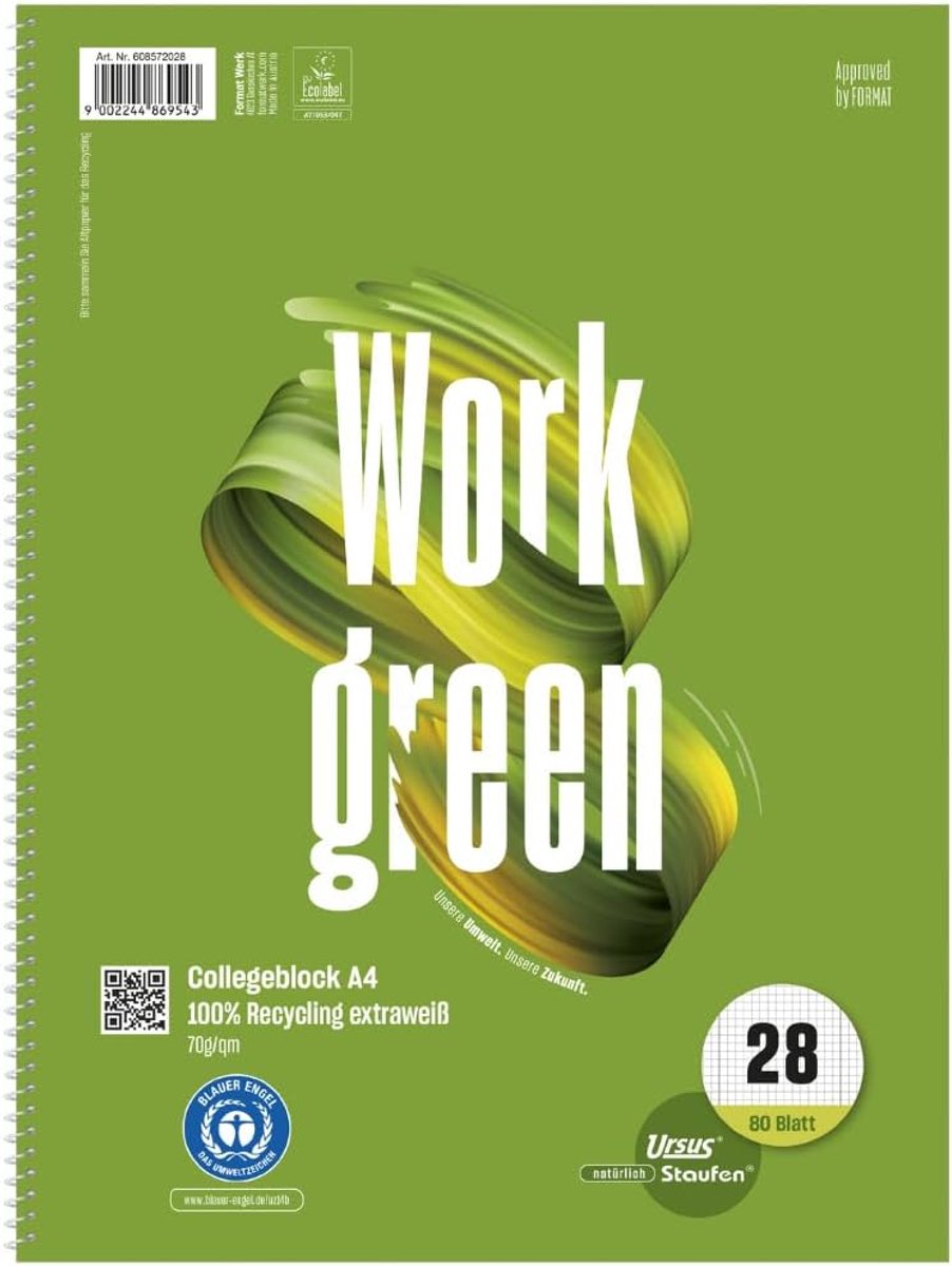 SnelShoppen - Green Collegeblok A4 80 vel 5 mm Gerecycled Papier 4 Gaatjes Premium Wit 5 Stuks - Milieu vriendelijk en Duurzaam voor School en Kantoor