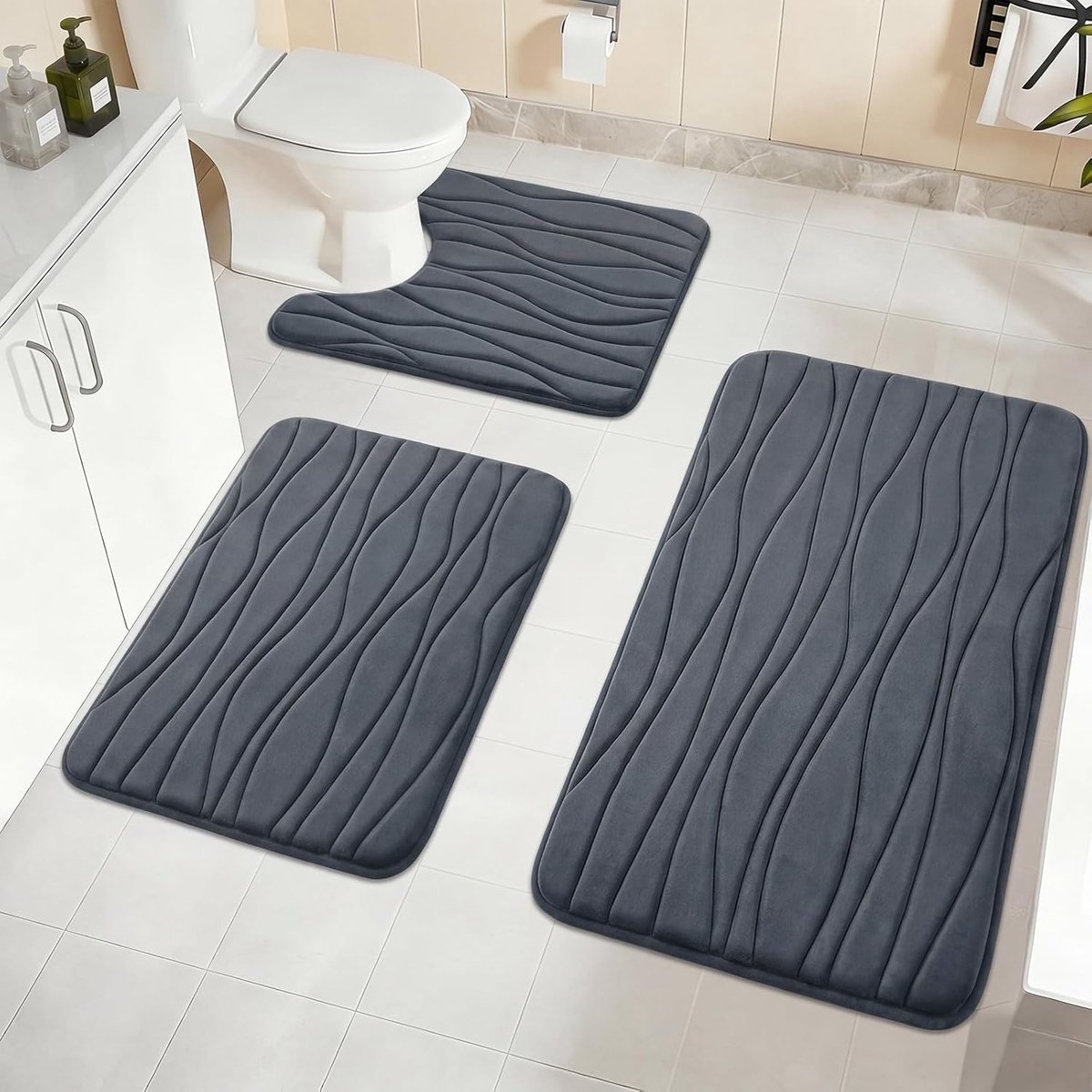 SnelShoppen - 3-delige Badmatsets Zachte Traagschuim Waterabsorberende Antislip Badkamer Matten - Wasbaar Donkergrijs Bad- en Toilettapijt voor Douche